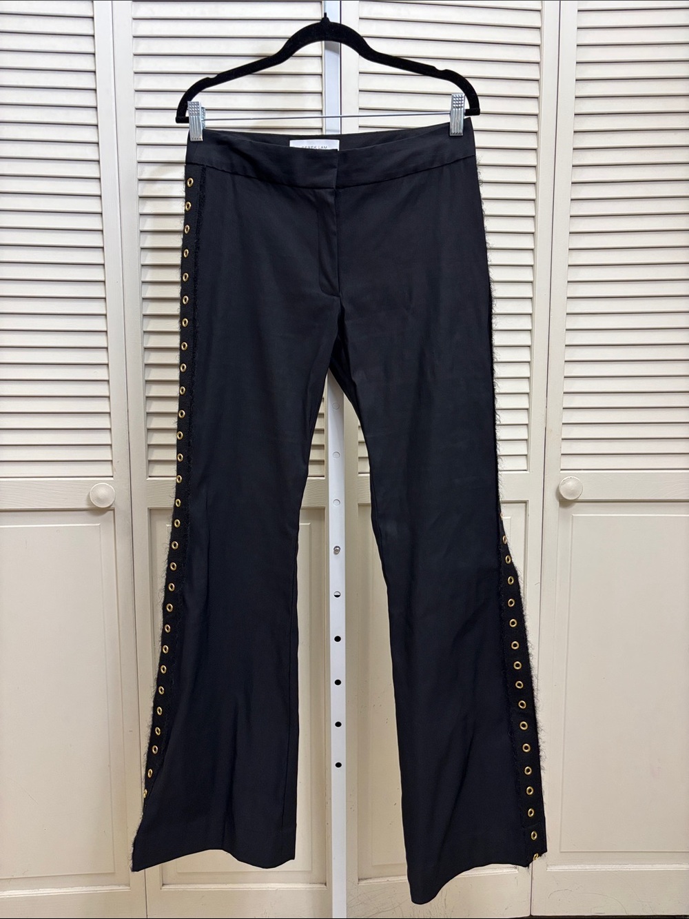 10 Crosby Derek Lam Black Flare Pants with Gold Grommets and Fuzz Trim Size 8